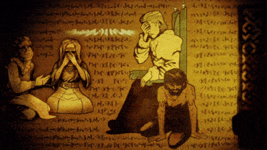 a drawing of a man sitting on a throne with a woman covering her eyes