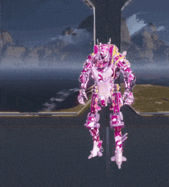 a pink and white robot is sitting in front of a window