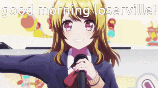a girl singing into a microphone with the words good morning loserville written above her