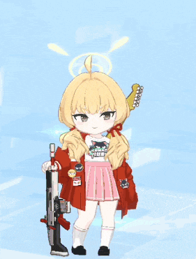 a girl in a red jacket holding a gun and a guitar