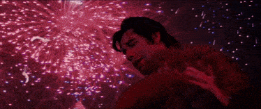 a man and woman are hugging in front of a firework display