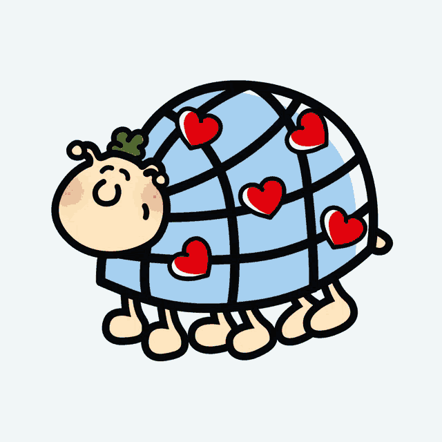 a cartoon drawing of a snail with hearts on it
