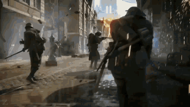 a group of soldiers are walking down a street holding guns