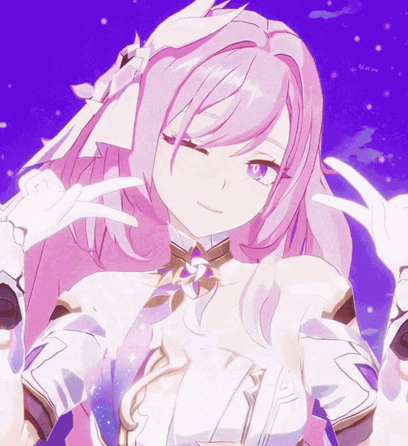 a girl with pink hair and purple eyes is giving a peace sign