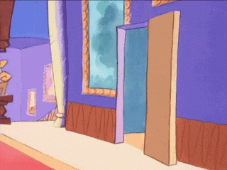 a cartoon scene with a door open and a painting on the wall