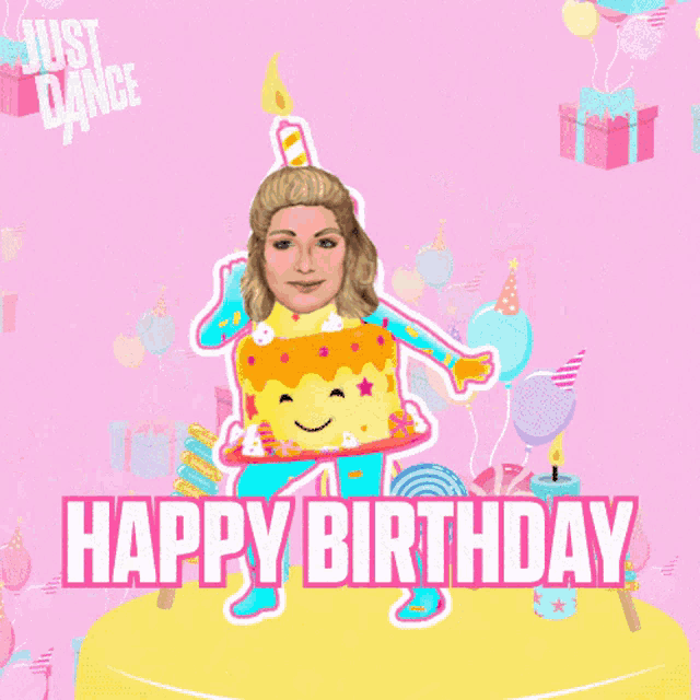 a cartoon of a woman dressed as a birthday cake with the words happy birthday