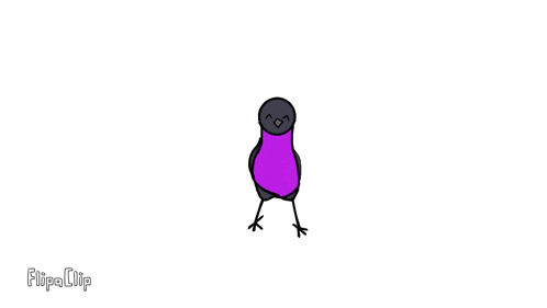 a cartoon bird with a purple body and a black head is standing on its hind legs .