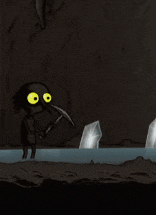 a cartoon character with big yellow eyes is holding a pickaxe
