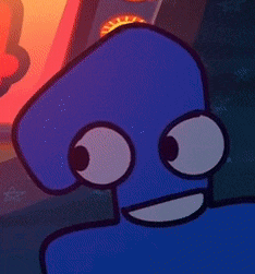 a blue cartoon character with big eyes is smiling in front of a slot machine .