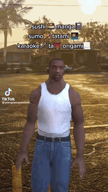 a man in a white tank top is standing in front of a screen that says tik tok on it