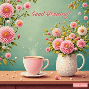 a cup of coffee sits on a table next to a vase of pink flowers ..