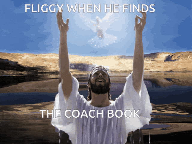 a picture of jesus with the words " fliggy when he finds the coach book " above him