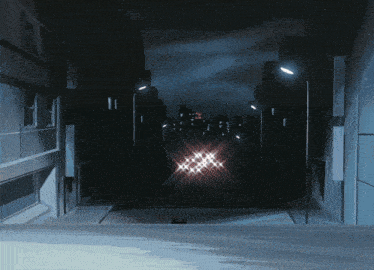 a painting of a city street at night with a red car in the foreground