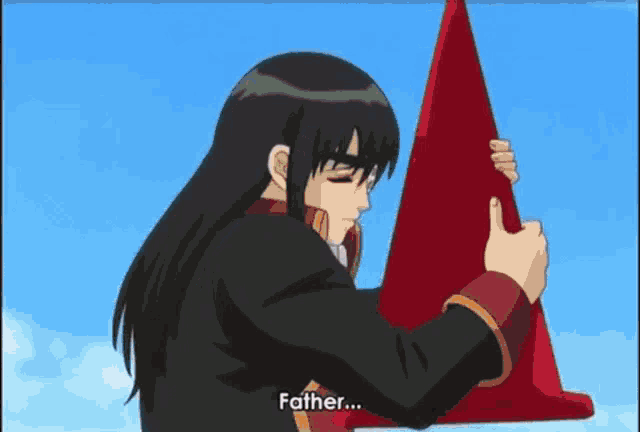 a cartoon character is holding a red cone and says father