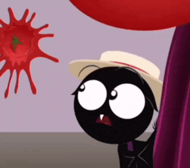 a black cartoon character wearing a hat is standing in front of a red tomato .