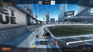 a rocket league game is being played with a replay button