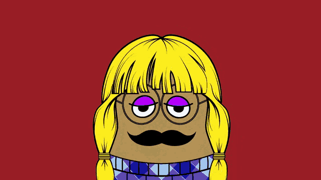 a cartoon drawing of a girl with blonde hair and a mustache