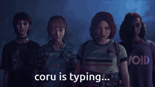 a group of women standing next to each other with the words coru is typing