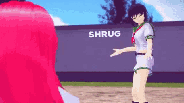 a girl with red hair is standing in front of a wall that says shrug