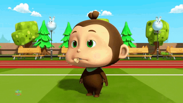 a cartoon of a monkey standing on a track with a bunny in the background