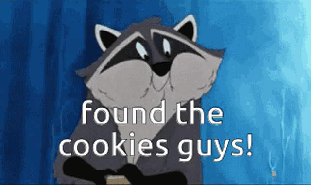 a raccoon holding a cookie with the words found the cookies guys below him