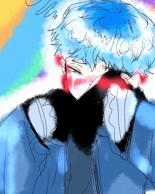 a drawing of a boy with blue hair and a black collar