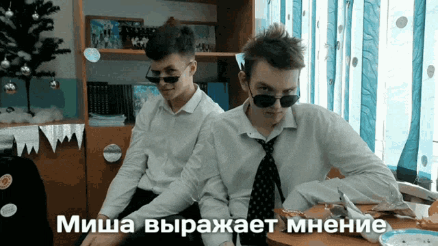 two men wearing sunglasses and ties are sitting in front of a christmas tree with the words миша выражает мнение written below them