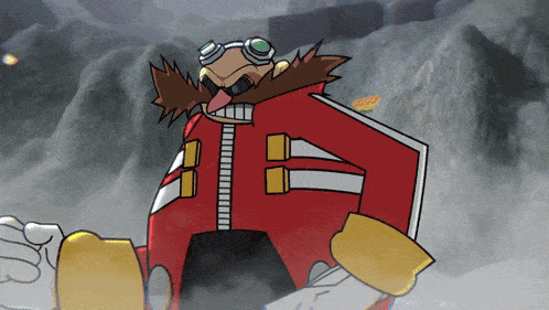 a cartoon character wearing a red jacket and goggles is standing in front of a mountain