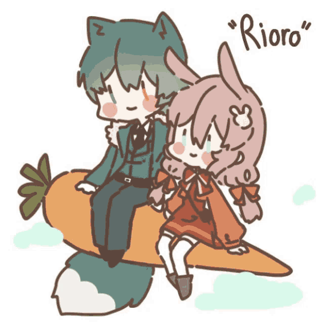 a drawing of a boy and a girl sitting on a carrot with the word rioro written below them