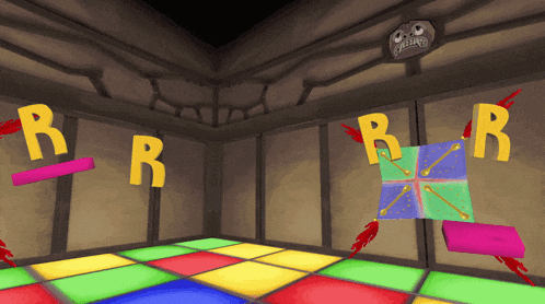 a room with a colorful floor and letters r and r on the wall