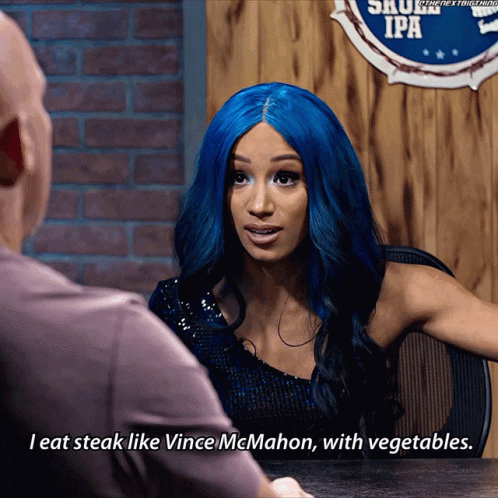 Sasha Banks I Eat Steak Like Vince Mc Mahon GIF - Sasha Banks I Eat Steak Like Vince Mc Mahon With Vegetables GIFs