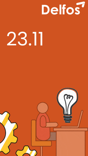 a poster for delfos shows a person sitting at a desk with a light bulb above them