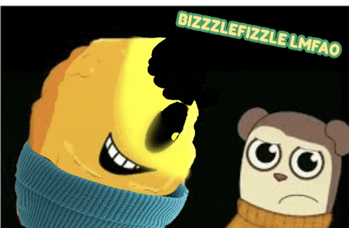 a picture of a cartoon character with the words bizzzlefizzle lmfao written on it