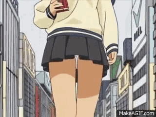 a girl in a school uniform is walking down a street with her skirt down .