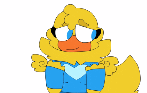 a cartoon drawing of a yellow bird wearing glasses and a blue shirt