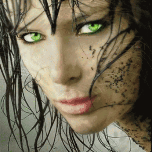 a close up of a woman 's face with wet hair and green eyes