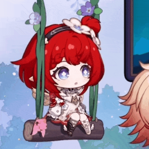 a girl with red hair and blue eyes is sitting on a swing .