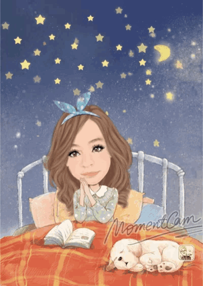 a cartoon of a girl reading a book with momentcam written on it