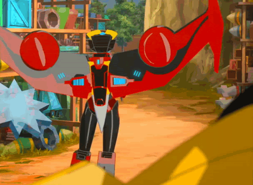 a cartoon drawing of a red and black robot with wings