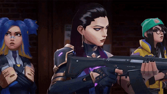 a woman holding a gun in a video game is standing next to two other women