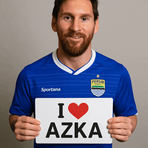 a man in a blue sportana jersey holds up a sign that says i love azka
