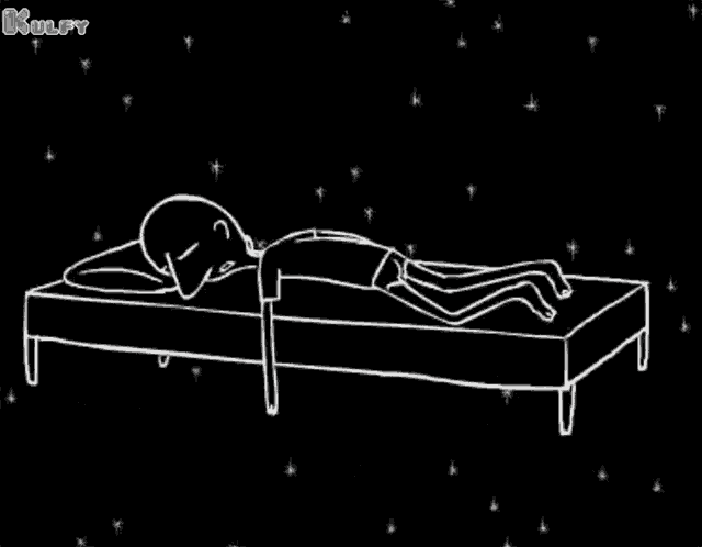 a black and white drawing of a person laying on their back under a bed with the word kulfy in the corner