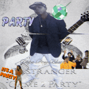 a poster with a man holding a guitar and the word party on it