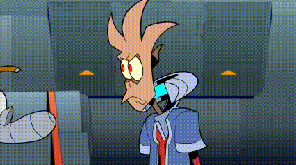 a cartoon character is standing next to another cartoon character in a room .