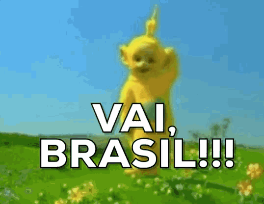 a yellow teddy bear is standing in a field with the words vai brasil written on the bottom