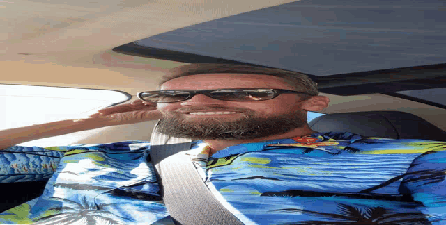 a man wearing sunglasses and a blue shirt with palm trees is smiling