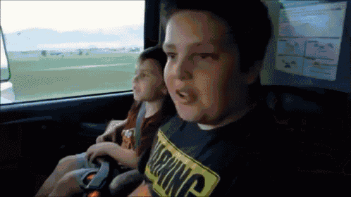two young boys are playing a video game in a car .