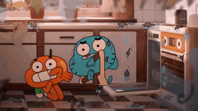 two cartoon characters are standing in a kitchen with a stove that says ' 88 ' on it