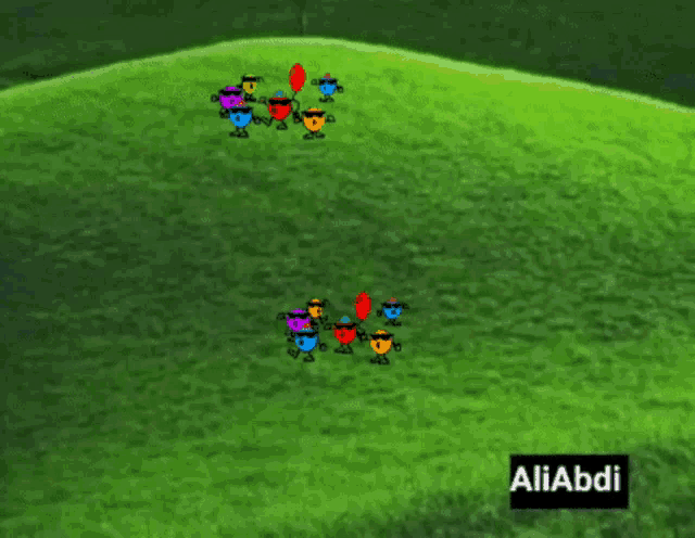 a group of cartoon characters holding balloons on a grassy hill with the name aliabdi on the bottom