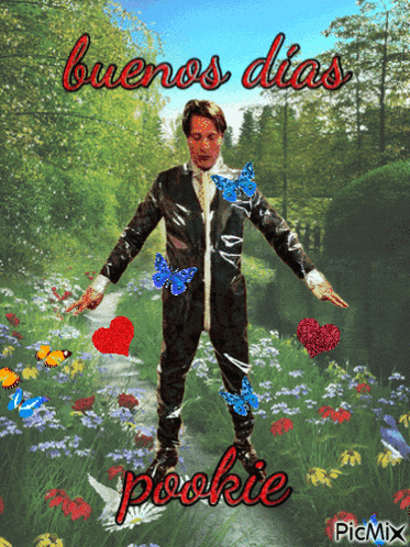 a man in a suit and tie is surrounded by butterflies and flowers with the words buenos dias pookie above him